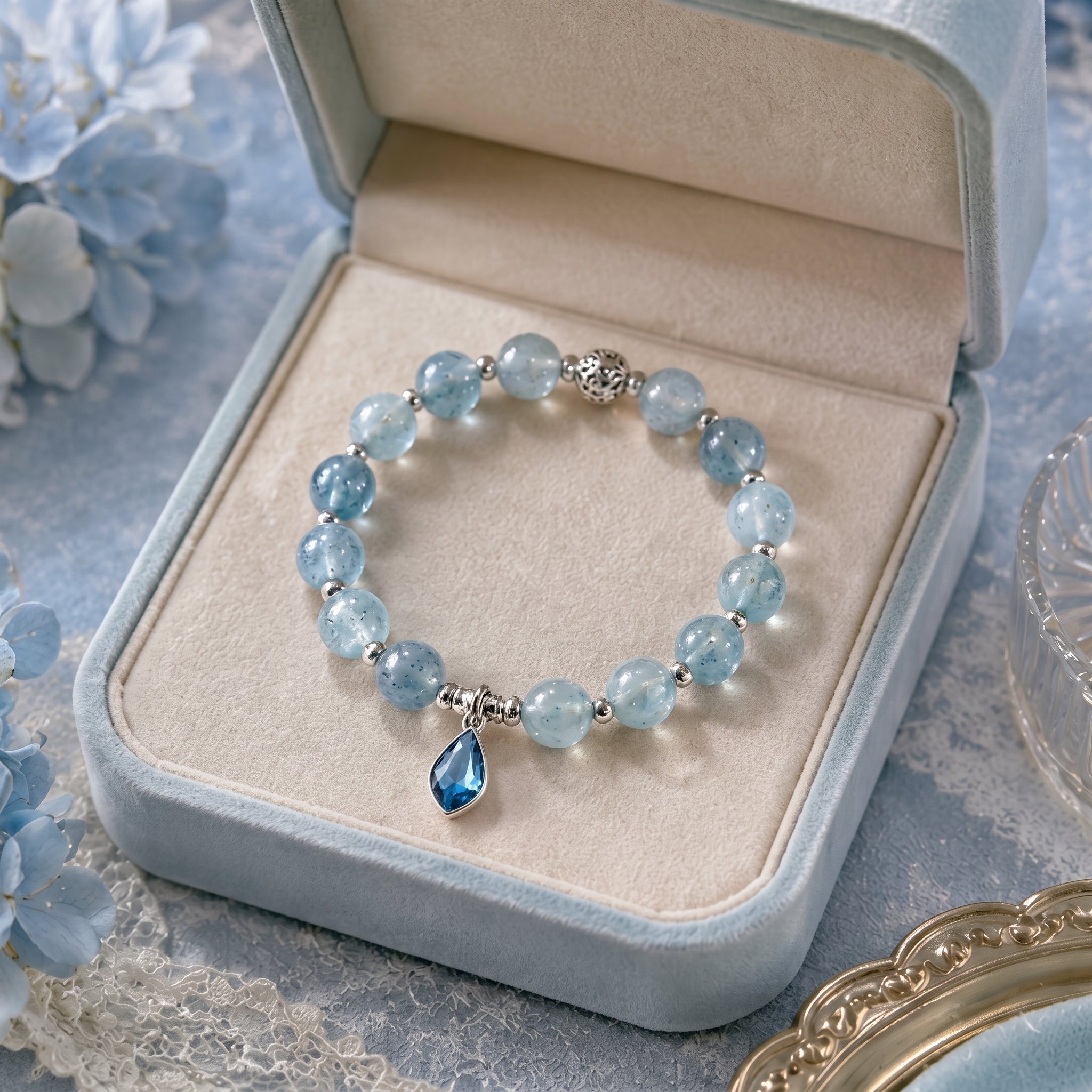 Light Blue Aquamarine Beaded Bracelet with Faceted Teardrop Charm