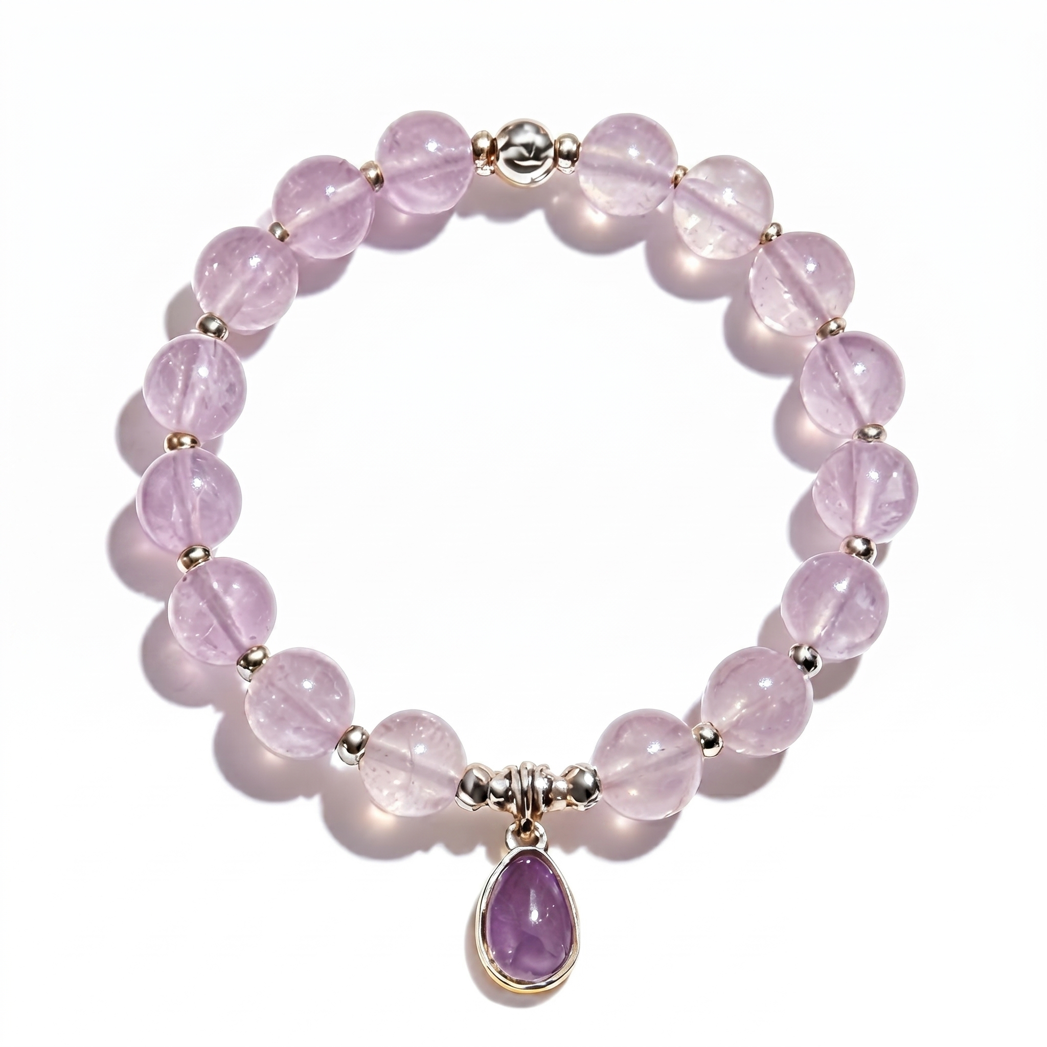 Light Purple Gemstone Beaded Bracelet with Deep Purple Teardrop Charm
