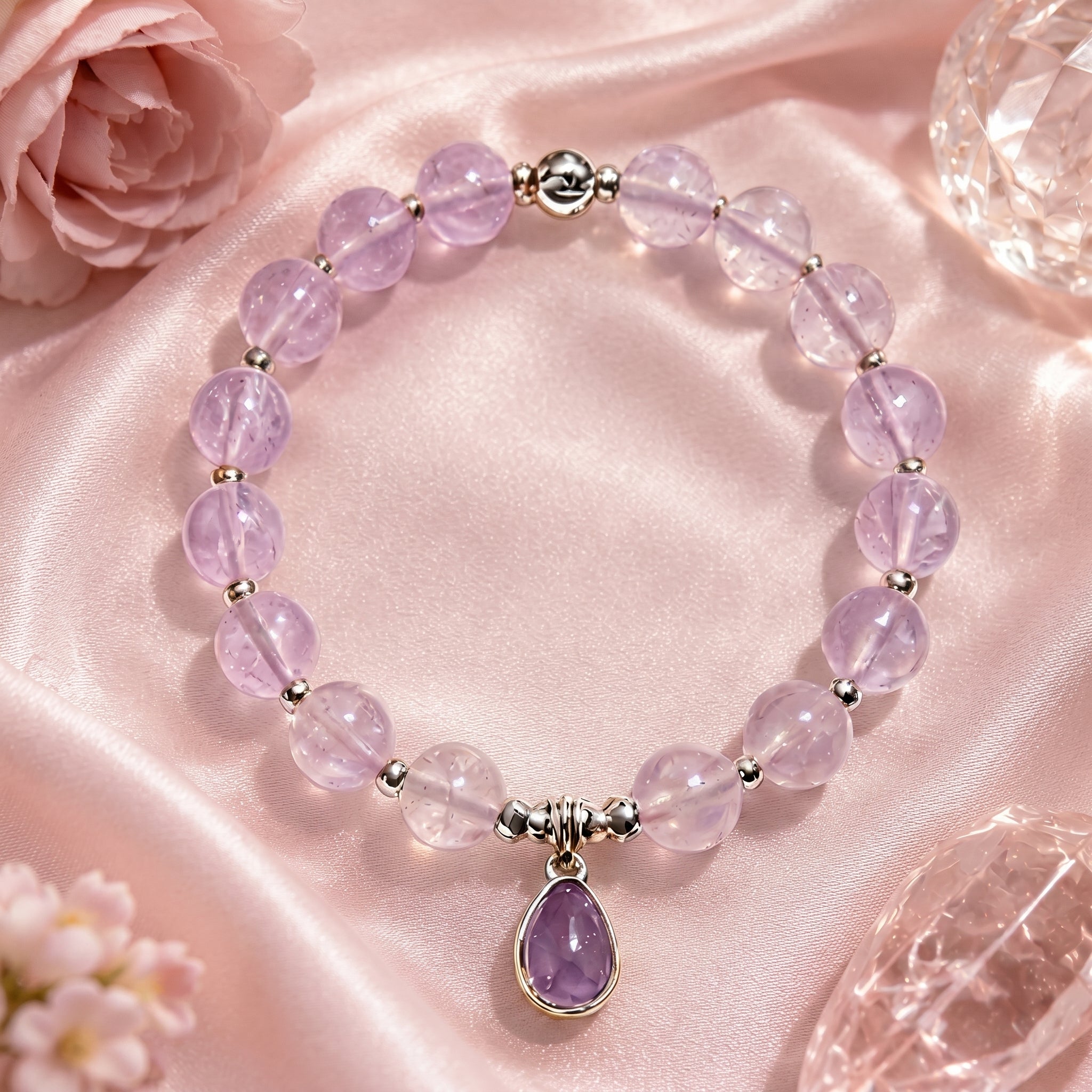 Light Purple Gemstone Beaded Bracelet with Deep Purple Teardrop Charm
