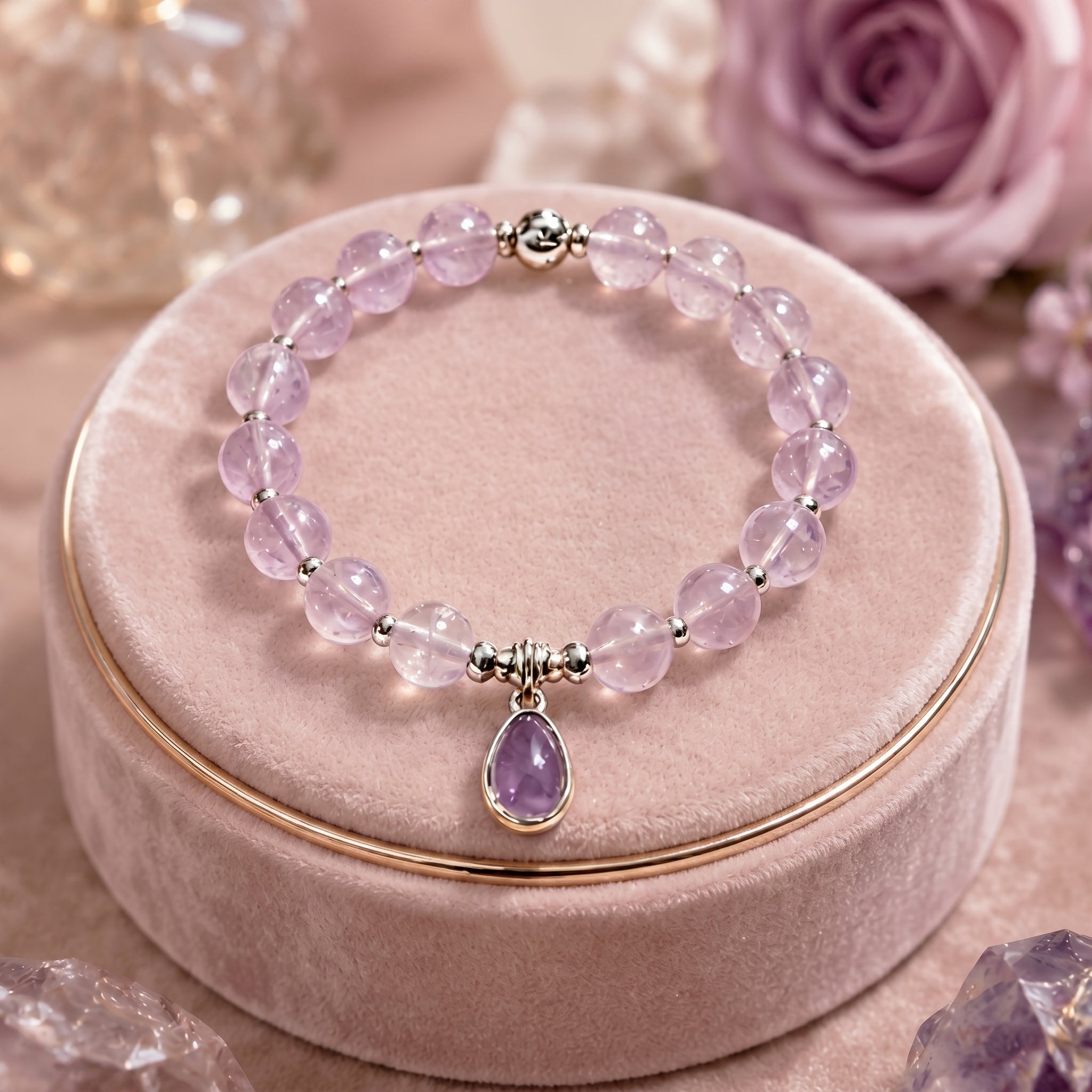 Light Purple Gemstone Beaded Bracelet with Deep Purple Teardrop Charm