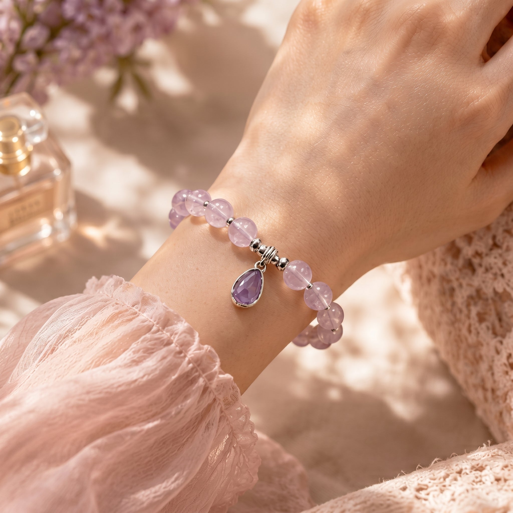 Light Purple Gemstone Beaded Bracelet with Deep Purple Teardrop Charm