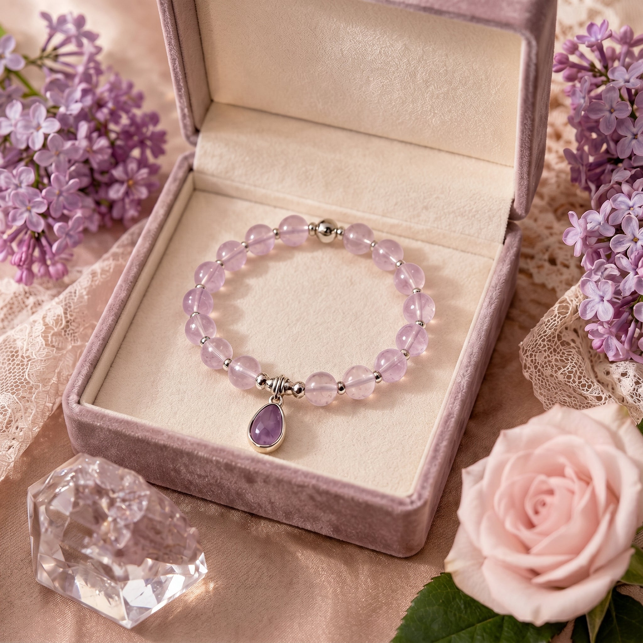 Light Purple Gemstone Beaded Bracelet with Deep Purple Teardrop Charm